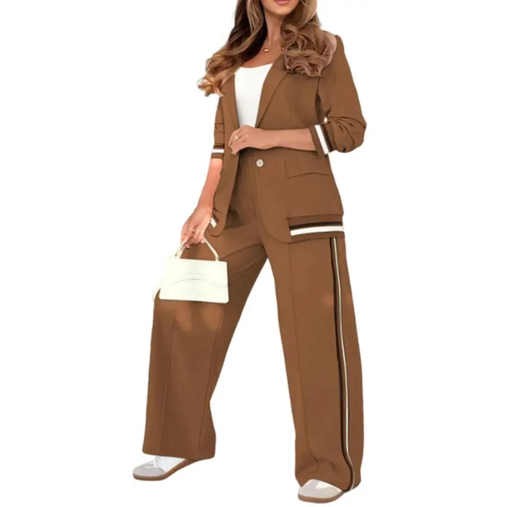 Women Top Pants Set Elegant Women's Office Suit Set with Turn-down Collar Jacket High Waist Wide Leg Trousers for Commuting