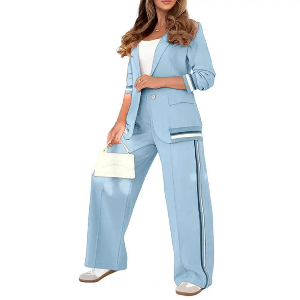 Women Top Pants Set Elegant Women's Office Suit Set with Turn-down Collar Jacket High Waist Wide Leg Trousers for Commuting