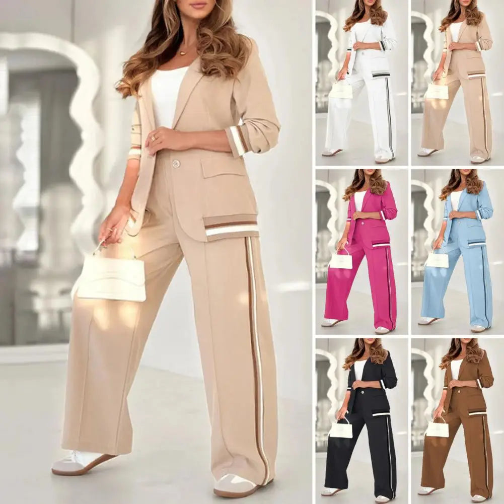 Women Top Pants Set Elegant Women's Office Suit Set with Turn-down Collar Jacket High Waist Wide Leg Trousers for Commuting
