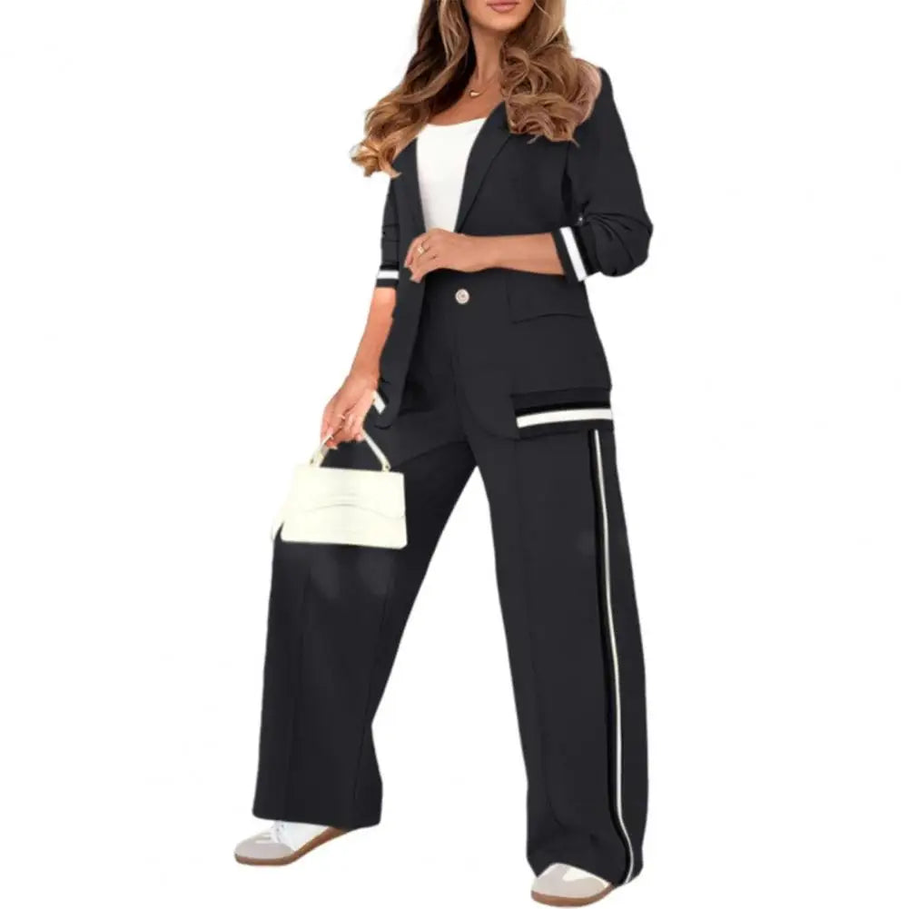 Women Top Pants Set Elegant Women's Office Suit Set with Turn-down Collar Jacket High Waist Wide Leg Trousers for Commuting