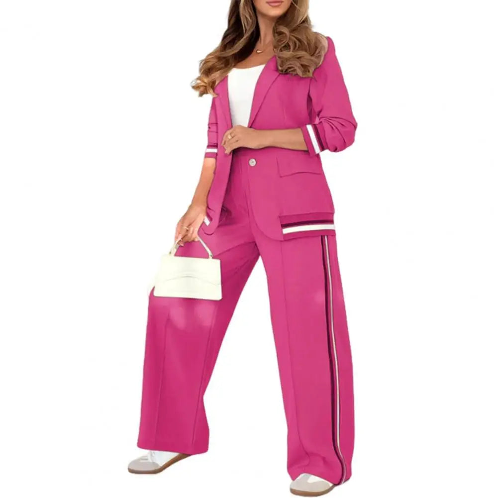 Women Top Pants Set Elegant Women's Office Suit Set with Turn-down Collar Jacket High Waist Wide Leg Trousers for Commuting