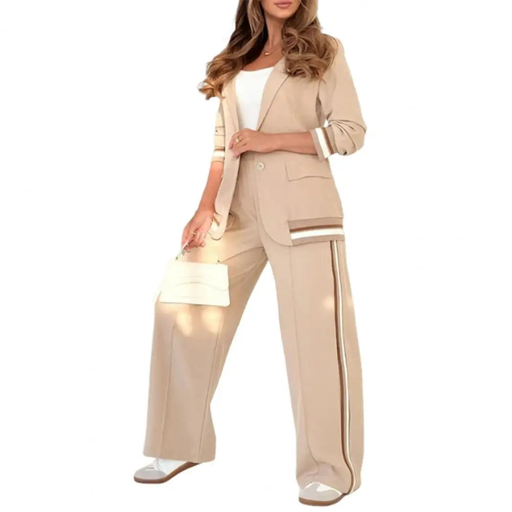Women Top Pants Set Elegant Women's Office Suit Set with Turn-down Collar Jacket High Waist Wide Leg Trousers for Commuting